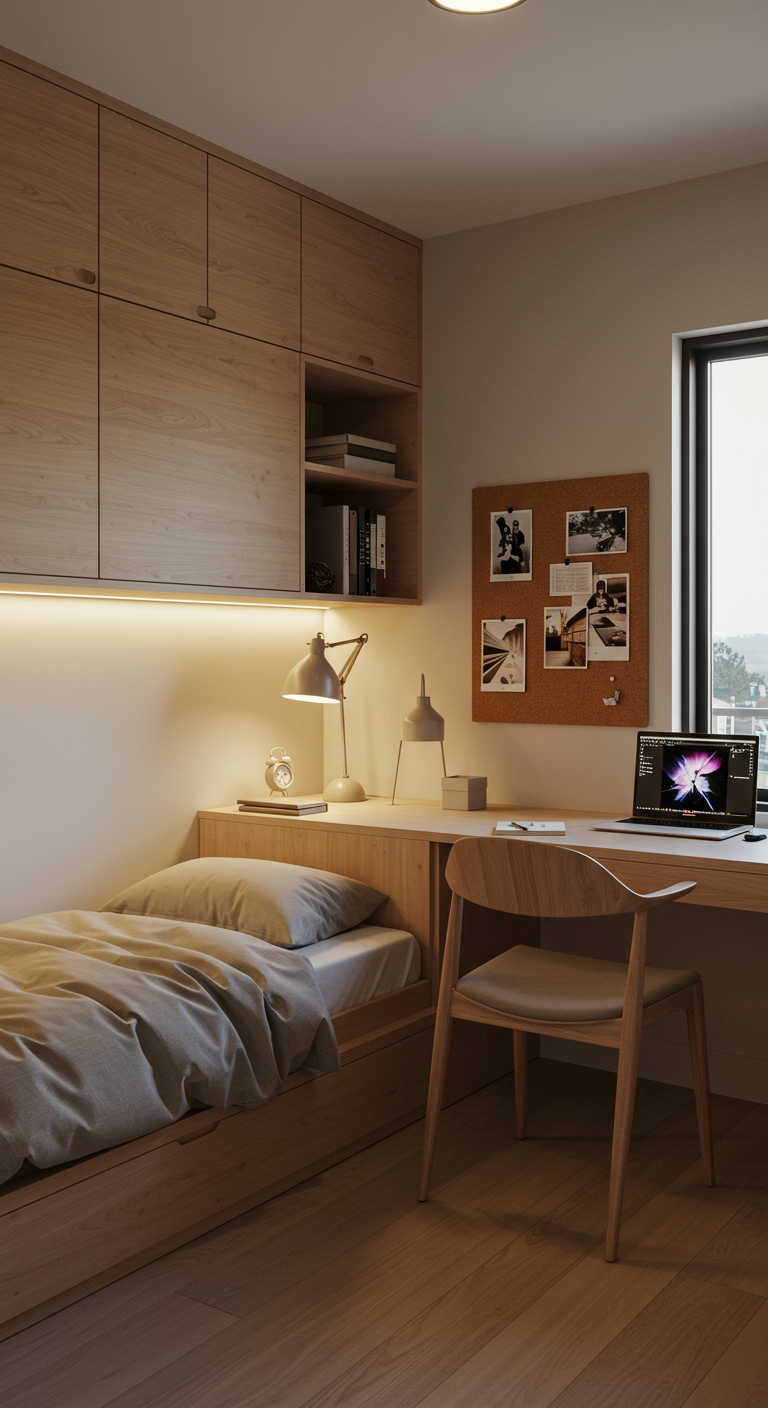 Kompaktes Japandi-Schlafzimmer mit integriertem Schreibtisch und Stauraum.