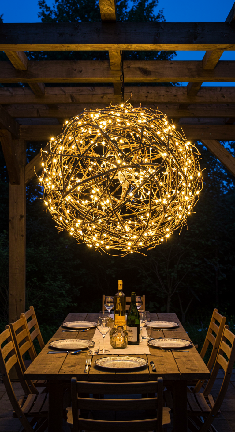Großer DIY-Kronleuchter aus Zweigen und Lichterketten über einem Esstisch im Freien bei Nacht.