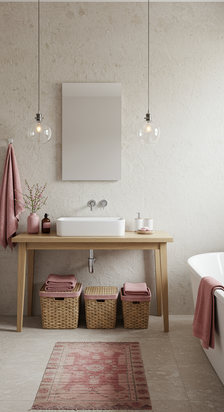 Badezimmer mit Holztisch als Waschtisch, geflochtenen Körben und rosa Teppich.