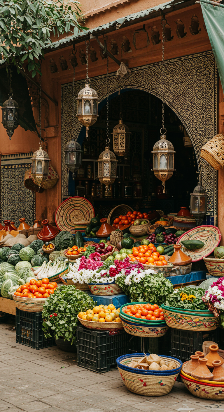 Bunter marokkanischer Marktstand mit Obst, Gemüse, Blumen und Hängelaternen.