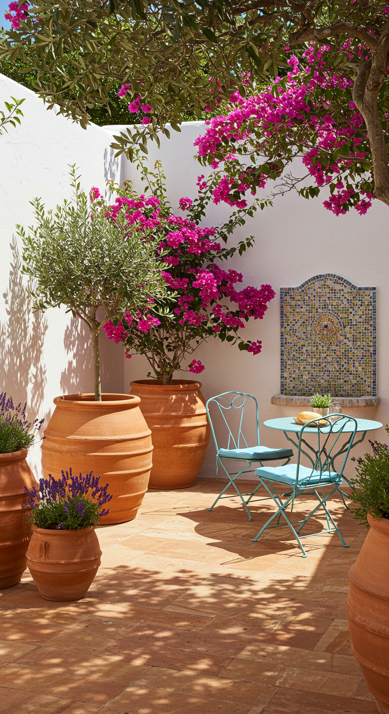 Mediterrane Terrasse mit Terrakotta-Töpfen, Bougainvillea, Olivenbaum und Mosaik-Wanddeko.