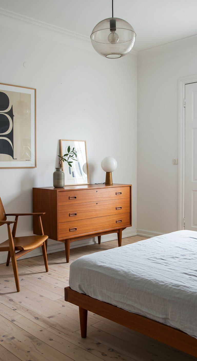 Skandinavisches Schlafzimmer mit Mid-Century-Kommode aus Teakholz.