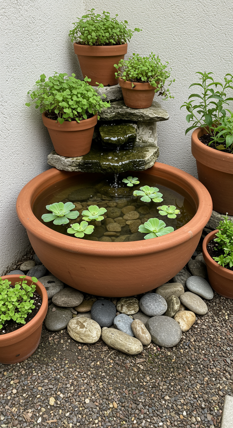 Kleines Wasserspiel mit einer großen Terrakotta-Schale als Becken und Steinkaskade.