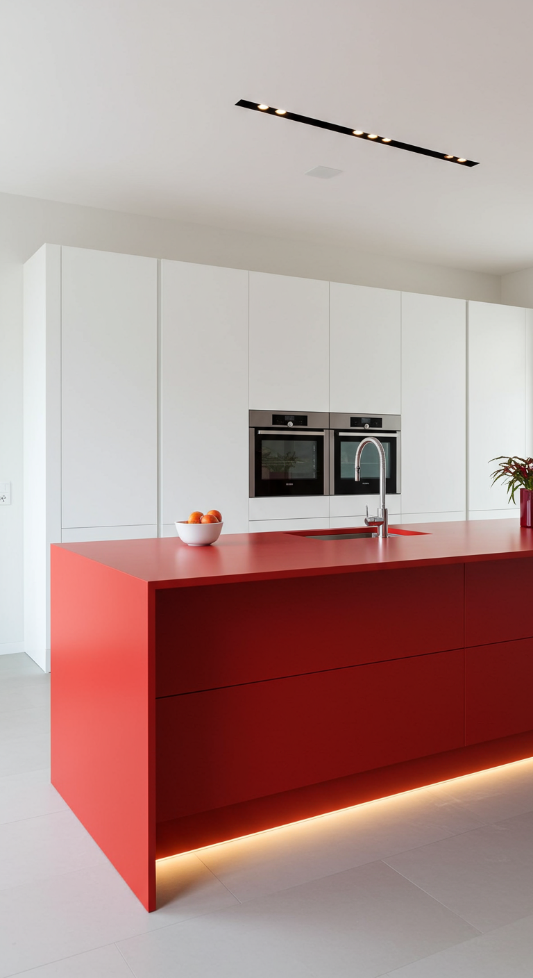 Minimalistische Küche mit großer roter Insel und weißen Schränken.