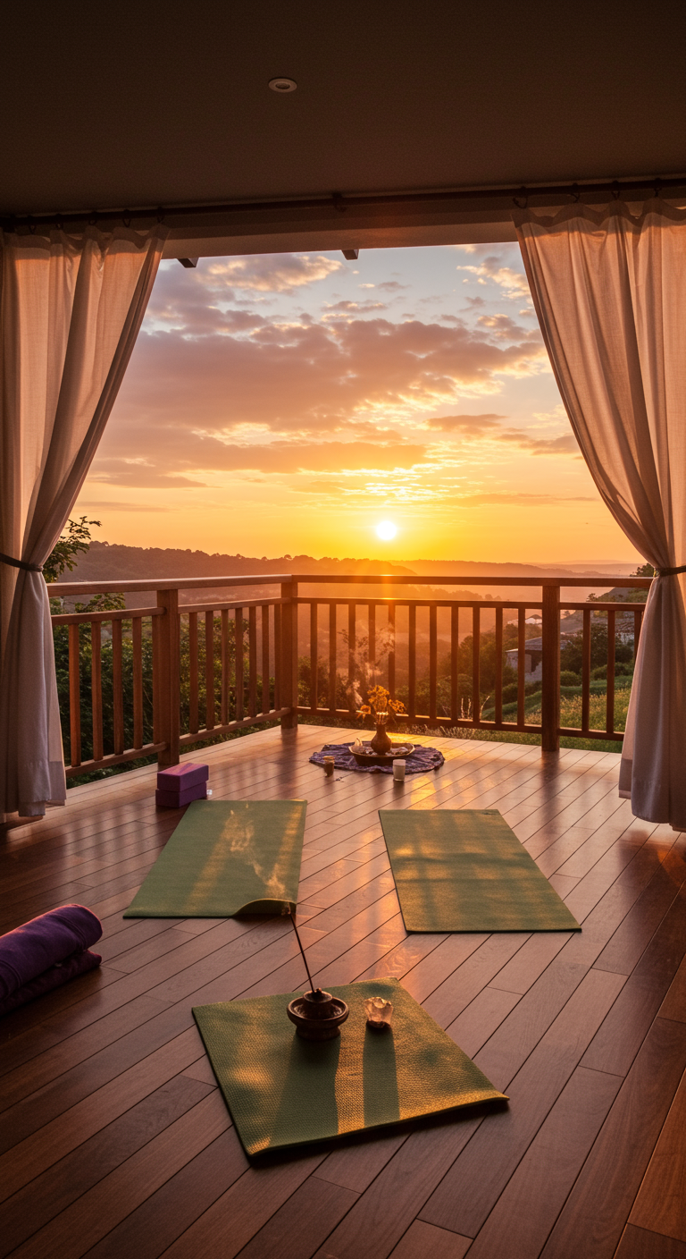 Balkon mit Yogamatten und Blick auf einen malerischen Sonnenaufgang.