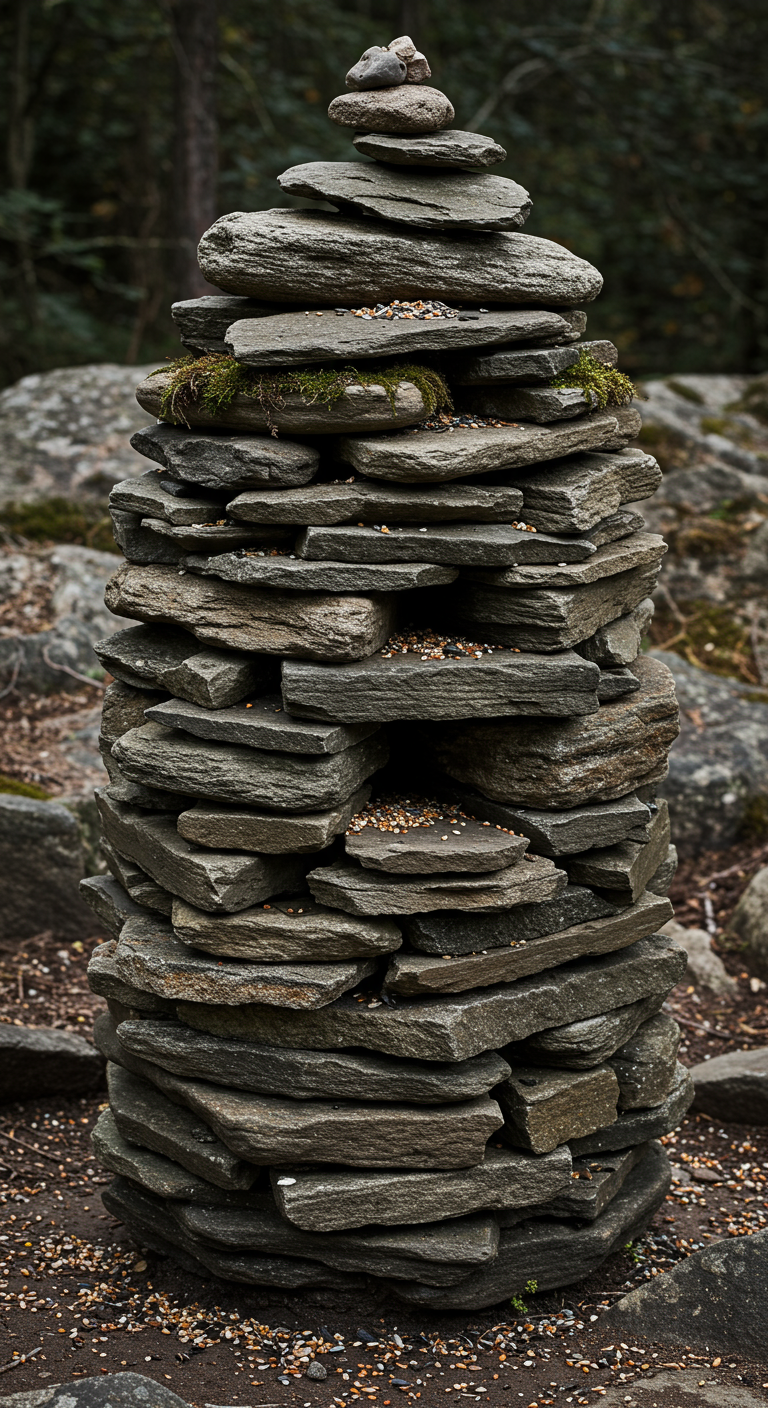 Kunstvoller Steinturm aus Schieferplatten mit Vogelfutter obenauf im Freien.