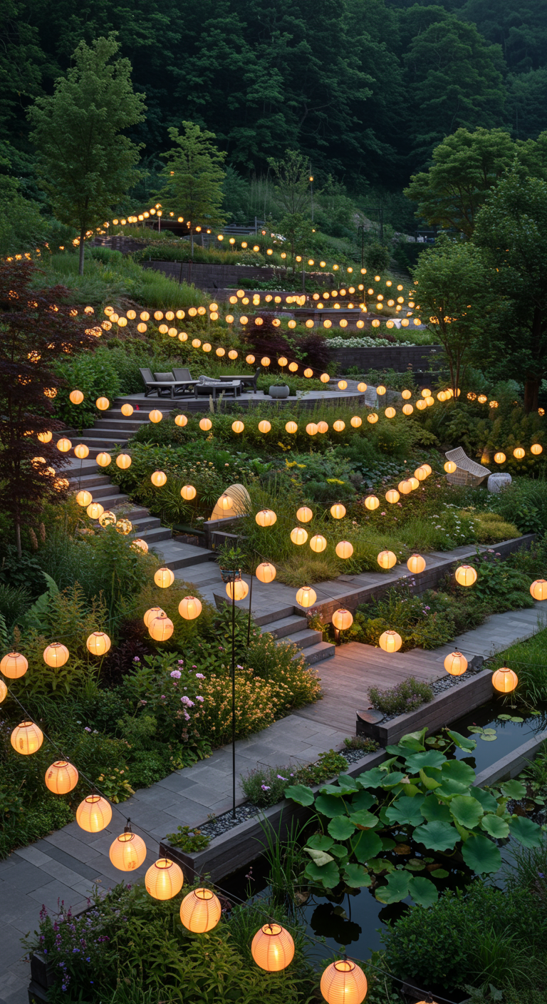 Terrassierter Hanggarten bei Nacht, beleuchtet von zahlreichen Lampion-Lichterketten entlang der Stufen.