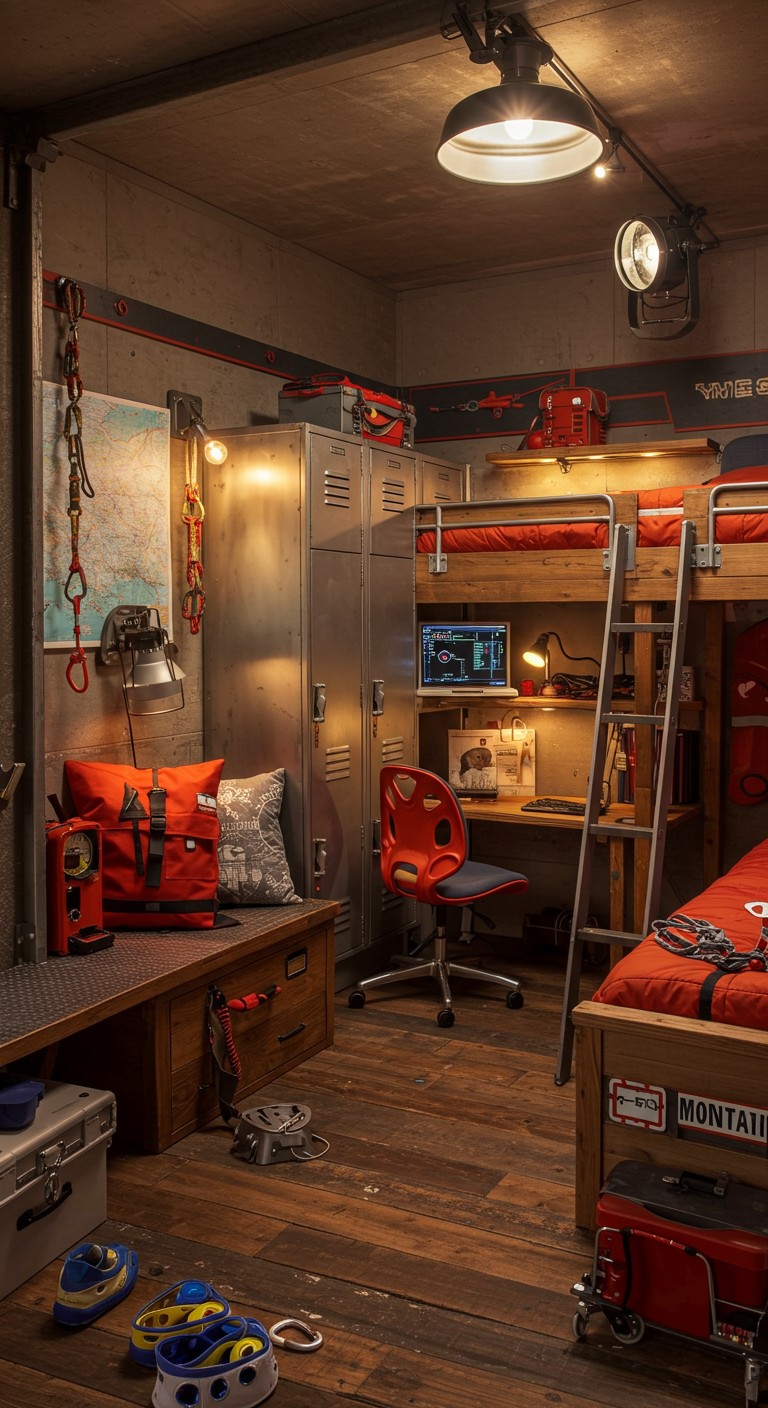 Kinderzimmer im Industrie-Stil mit Etagenbett und Metallspinden.