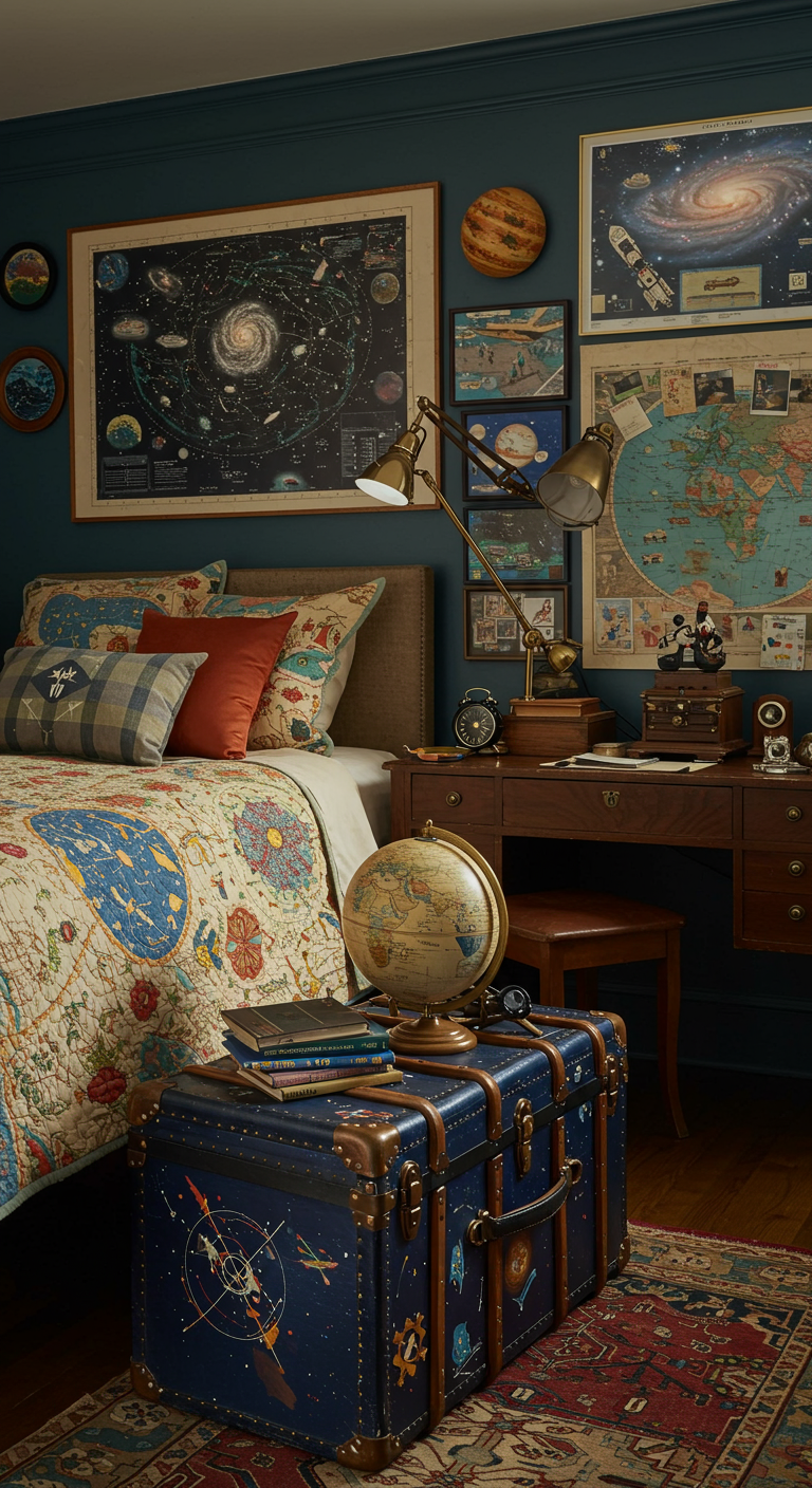 Zimmer im Vintage-Stil mit alten Sternkarten, Globus und astronomischen Instrumenten.