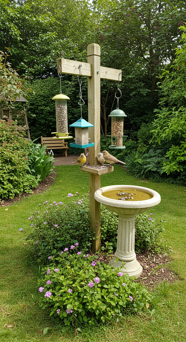 Futterstation aus Holz mit Vogeltränke, an der kleine Vögel sitzen.