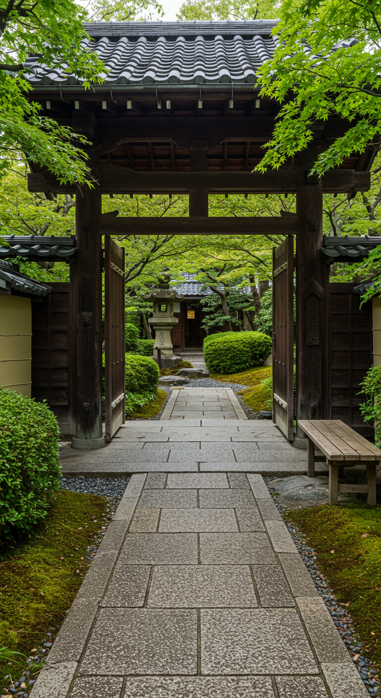 Formaler Eingangsweg aus Steinplatten zu einem traditionellen japanischen Tor.
