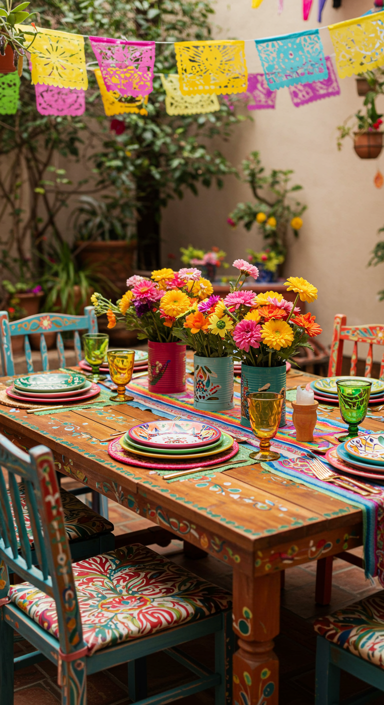 Farbenfroh gedeckter Tisch im mexikanischen Stil mit bunten Wimpeln und Blumen.