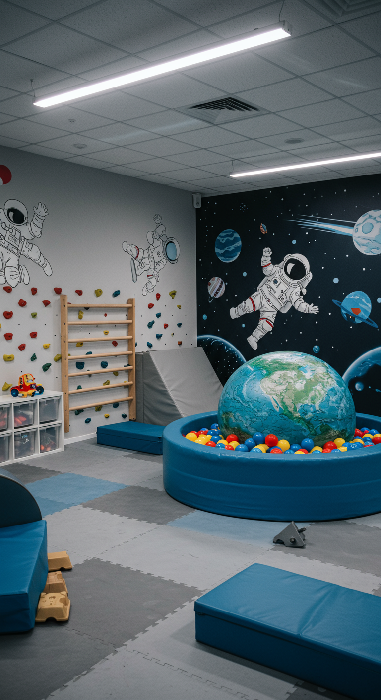 Kinderspielbereich mit Weltraum-Wandbild, Kletterwand und Erd-Bällebad.