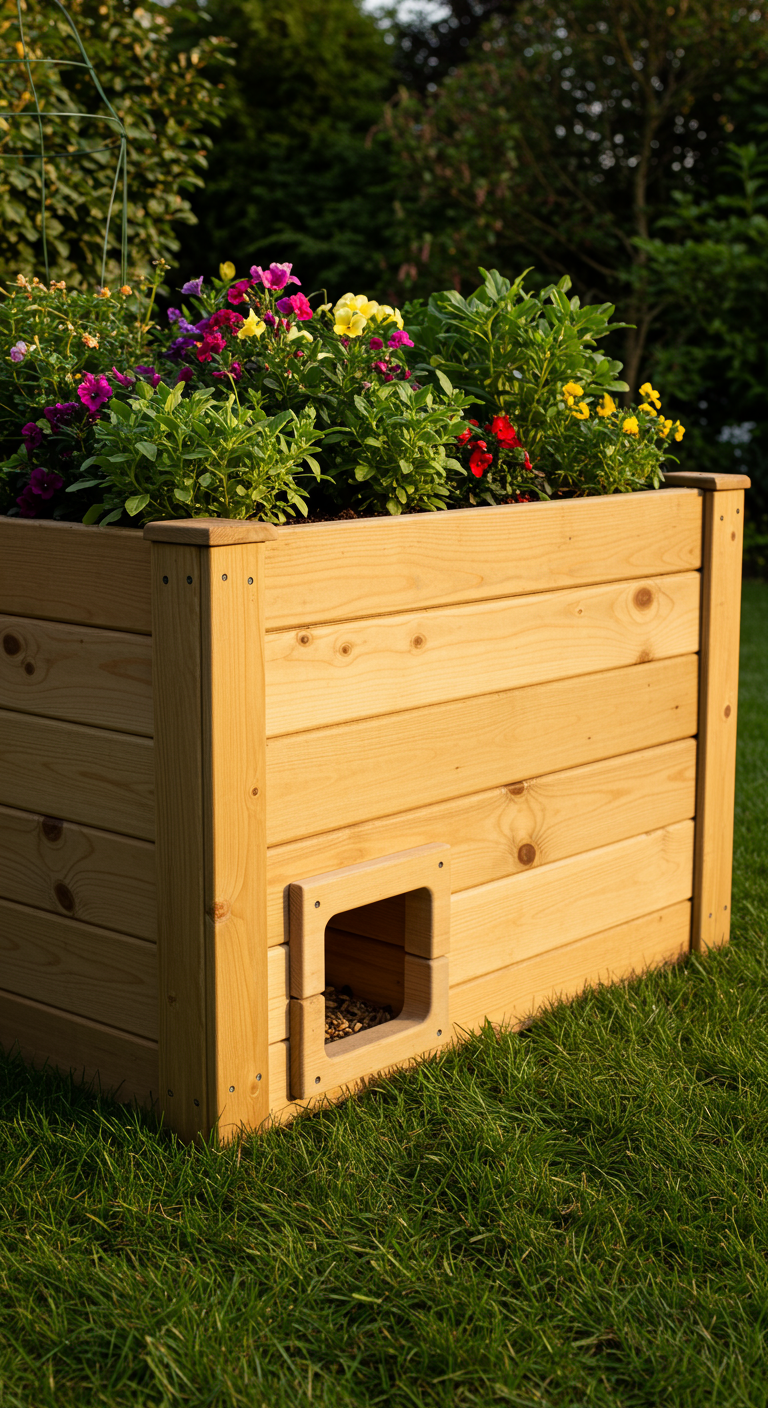 Große Holzpflanzbox mit Blumen oben und einer kleinen Tierhöhle unten als Futterplatz.