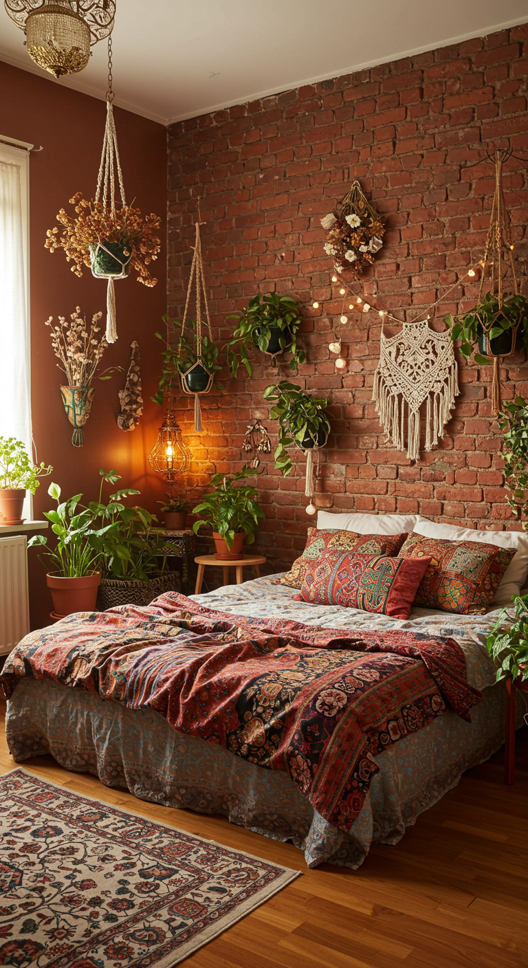 Boho-Schlafzimmer mit roter Backsteinwand, Makramee, vielen Pflanzen und bunten Textilien.