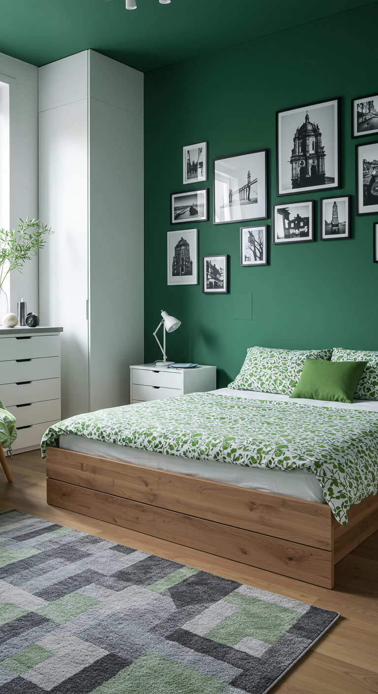 Modernes Schlafzimmer mit kräftig grüner Wand und Fotogalerie.