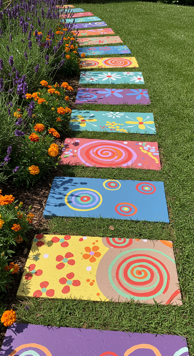 Bunt bemalte Gehwegplatten als Gartenweg, gesäumt von blühenden Blumen.