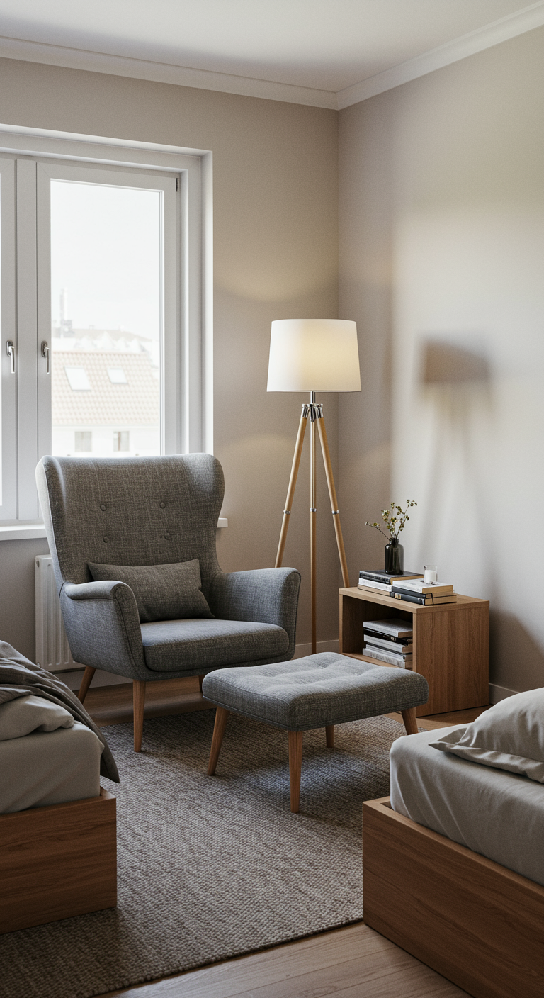 Skandinavisches Schlafzimmer mit gemütlicher grauer Sitzecke bestehend aus Sessel und Hocker.