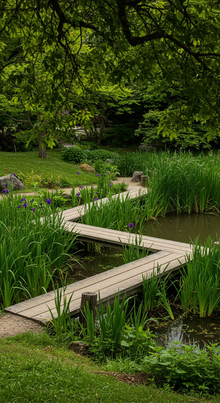 Hölzerne Zickzack-Brücke (Yatsuhashi) über einen Teich mit Wasserpflanzen.