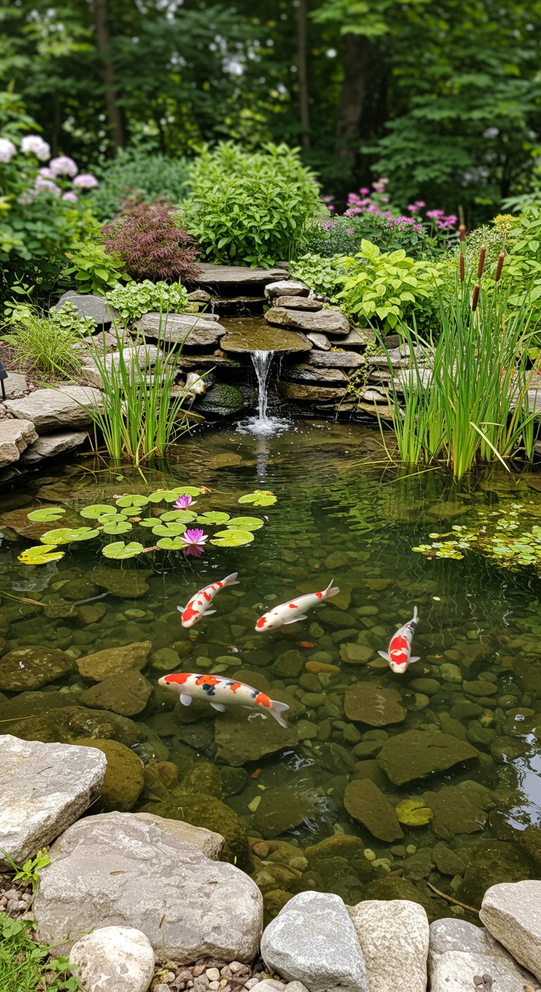 Koiteich mit sehr klarem Wasser, Steingrund, Wasserfall und Uferpflanzen.