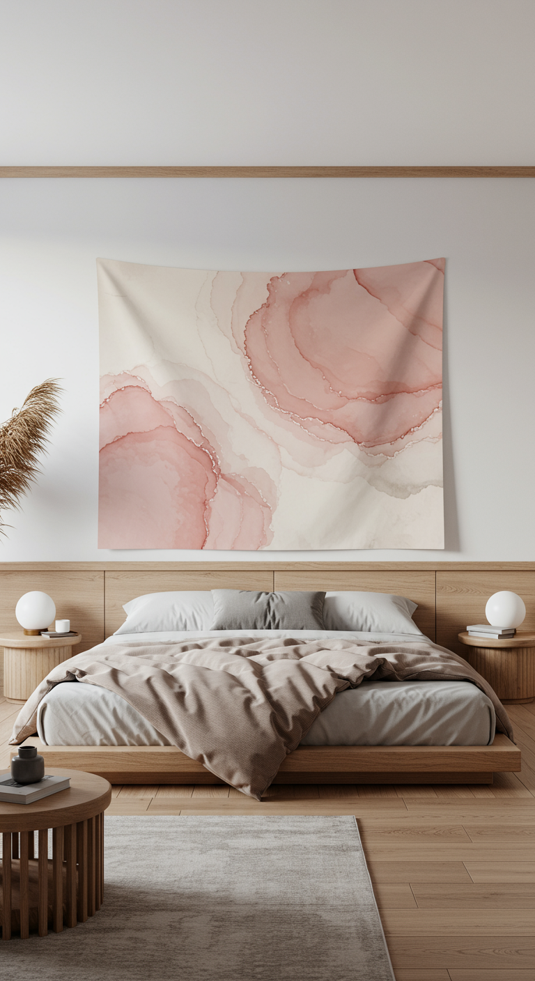 Japandi Schlafzimmer mit Holzbett und großem abstrakten Wandbehang in Rosa.