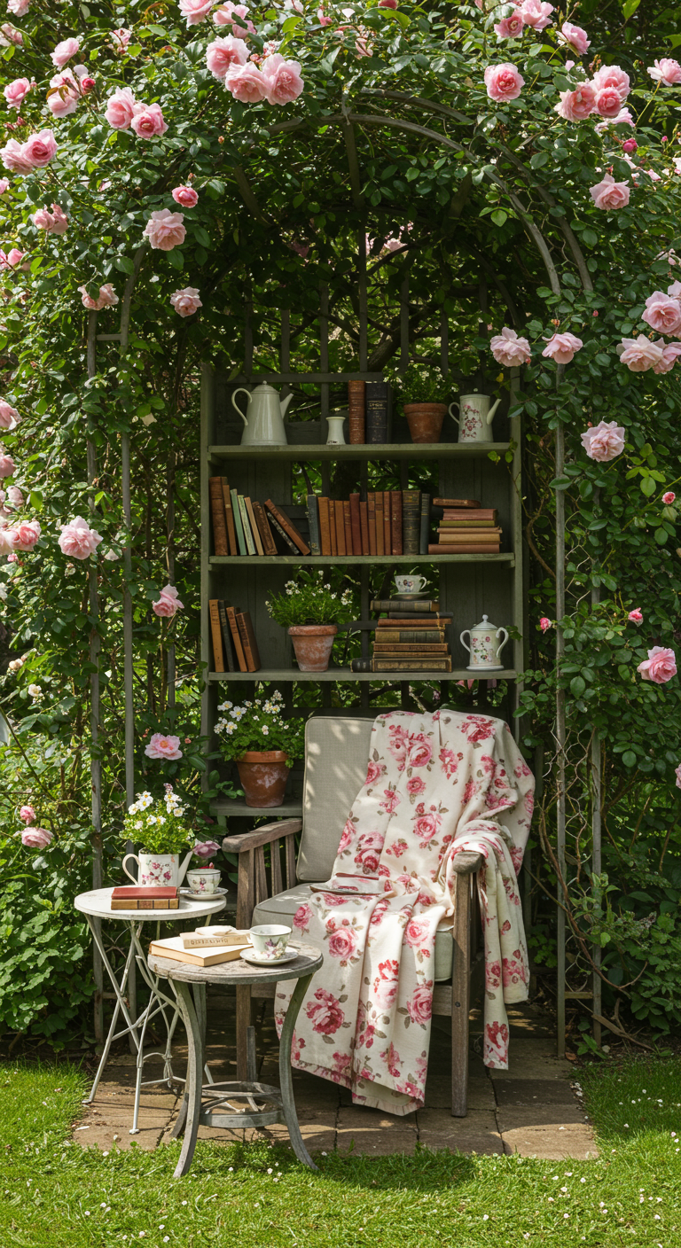Gartensessel mit Regal voller Bücher unter einem Rosenbogen, umgeben von blühenden Rosen.