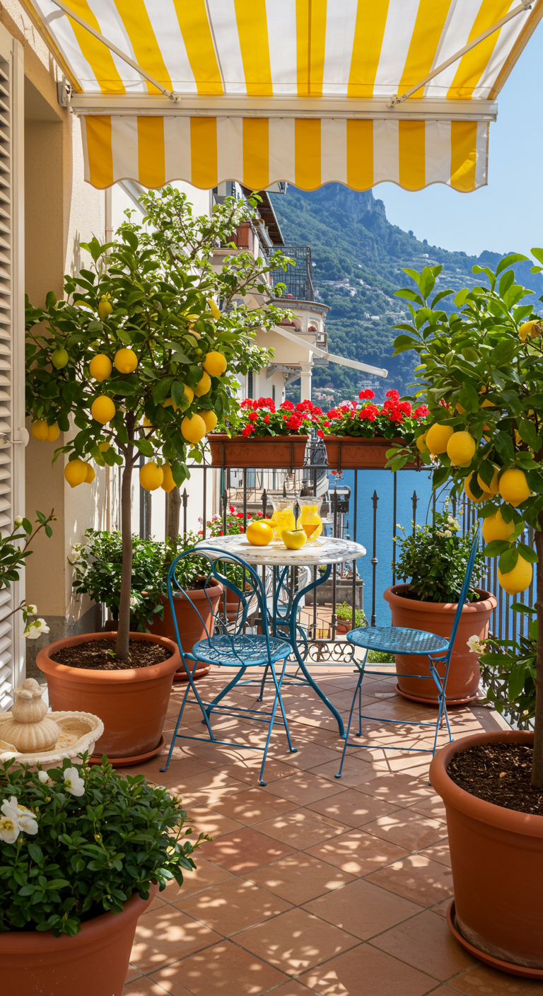 Sonniger Balkon im italienischen Stil mit Zitronenbäumen, gestreifter Markise und Meerblick.