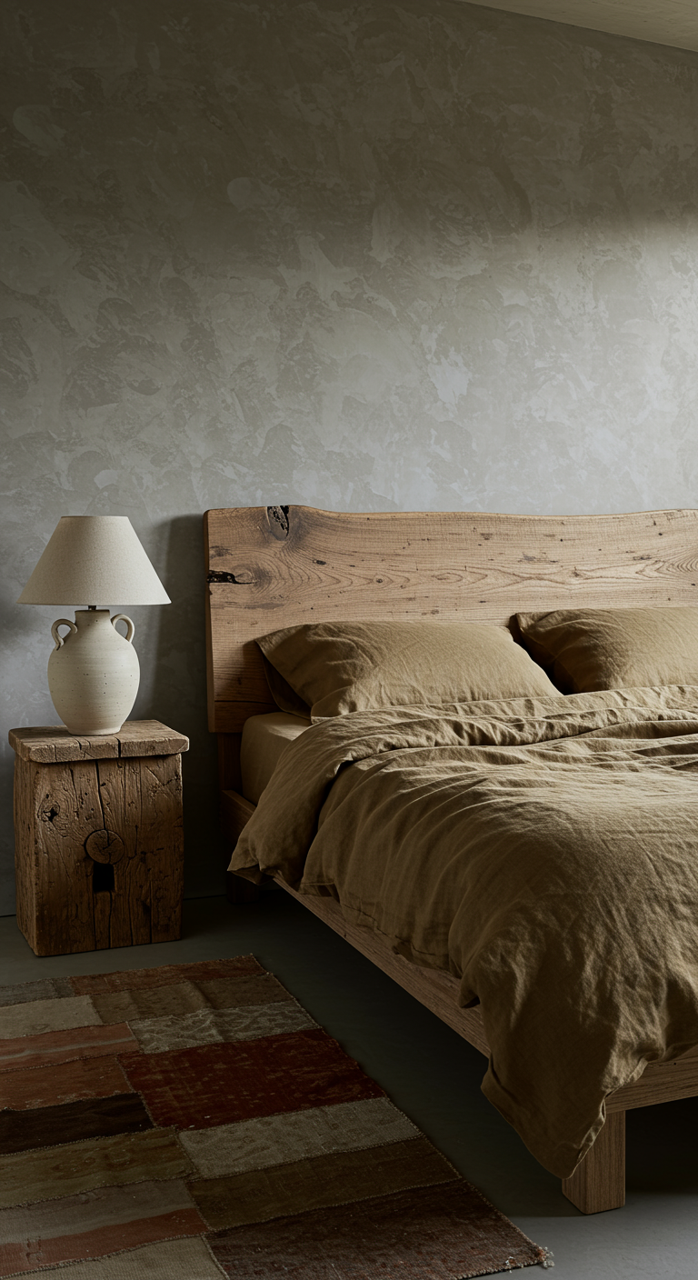 Japandi-Schlafzimmer mit massivem Holzkopfteil und Leinenbettwäsche.