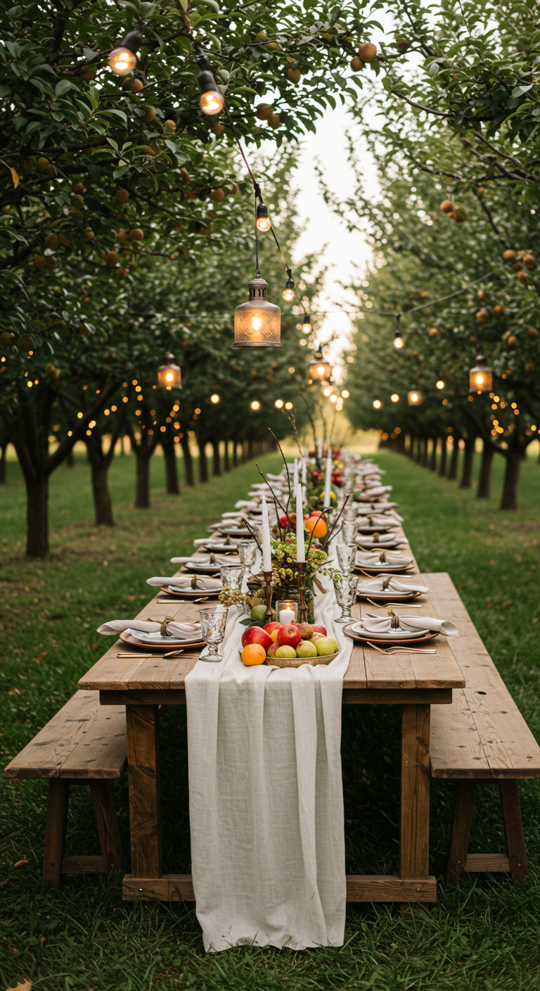 Lange Holztafel in einem Obstgarten, dekoriert mit Früchten und Lichterketten.