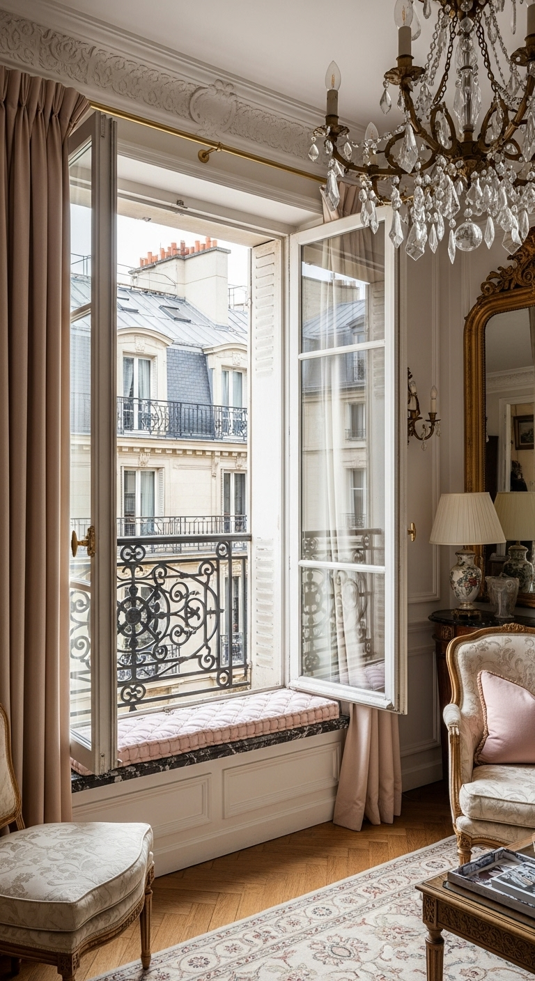 Elegante Fensterbank mit rosa Polster in Pariser Wohnung mit Balkon.