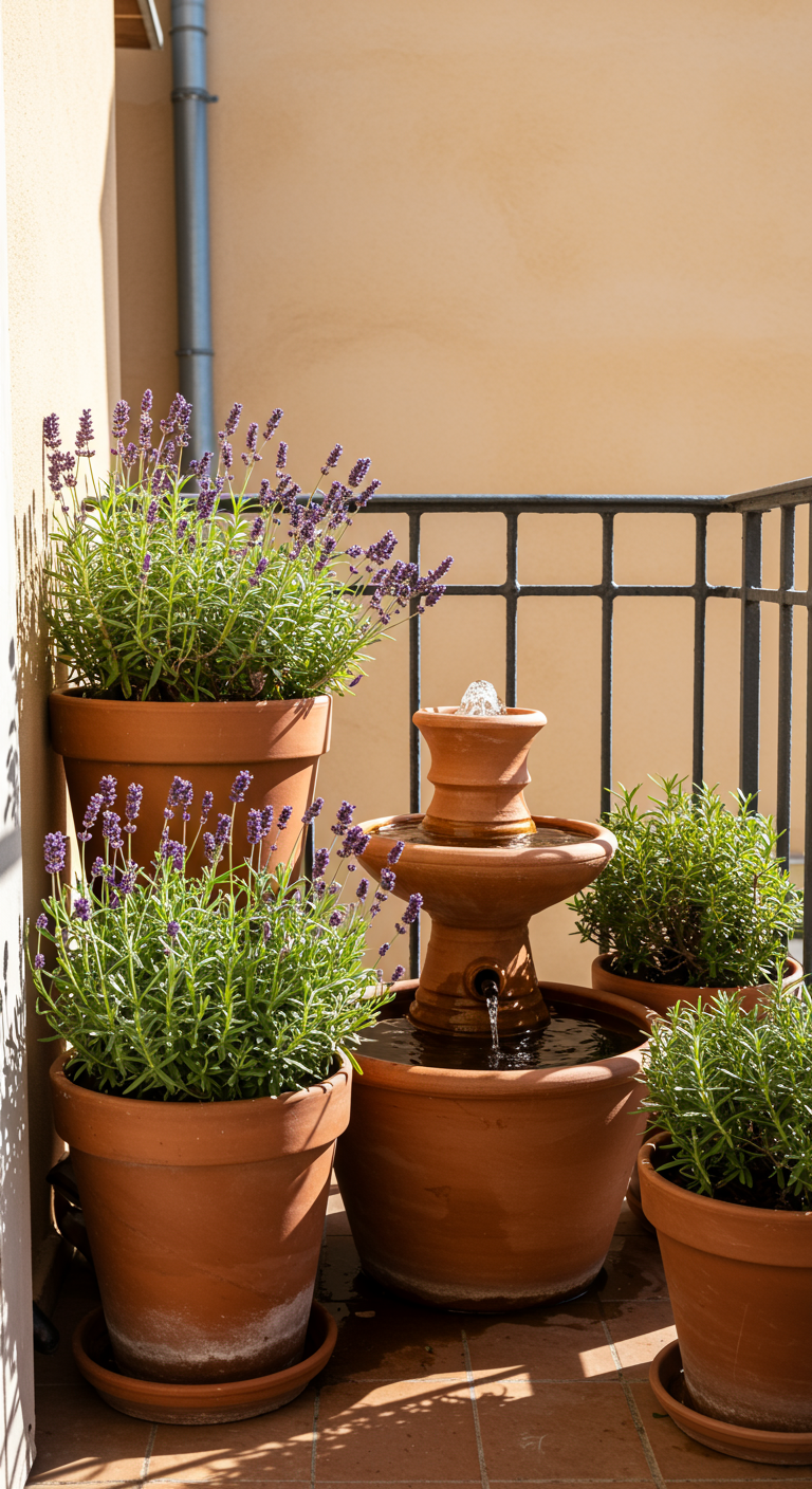 Kleiner Terrakotta-Brunnen auf Balkon, umgeben von Lavendel und Rosmarin in Töpfen.