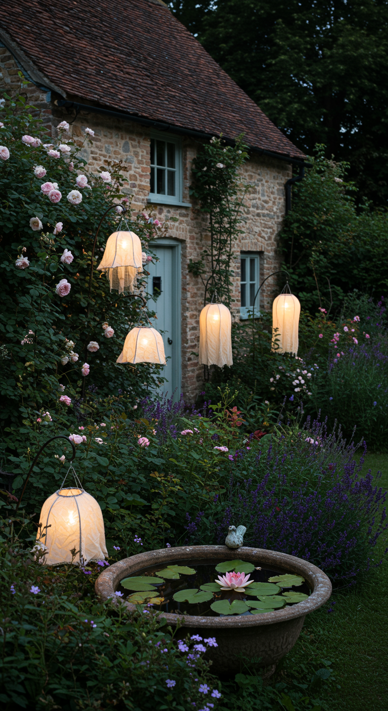 Cottage-Garten mit Rosen, Lavendel, Stofflaternen auf Stäben und einem Steinbrunnen mit Lotus.