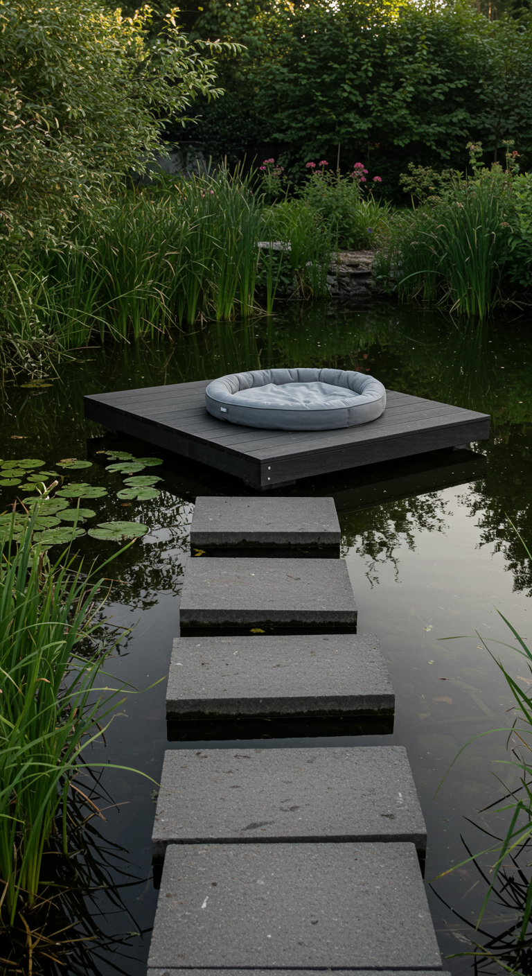 Schwimmendes Haustier-Daybed auf einem Teich mit Trittsteinen.