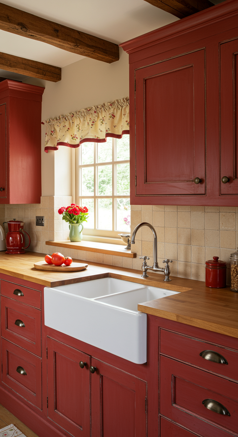 Landhausküche mit roten Schränken im Shabby-Chic-Look und Farmhouse-Spüle.