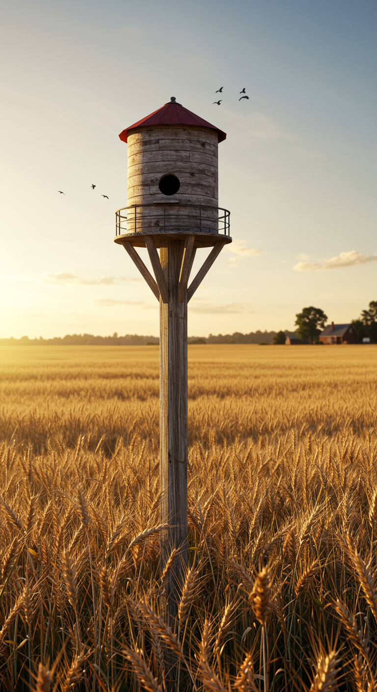 Vogelhaus in Form eines Getreidesilos auf hohem Pfahl in einem Weizenfeld bei Sonnenuntergang.