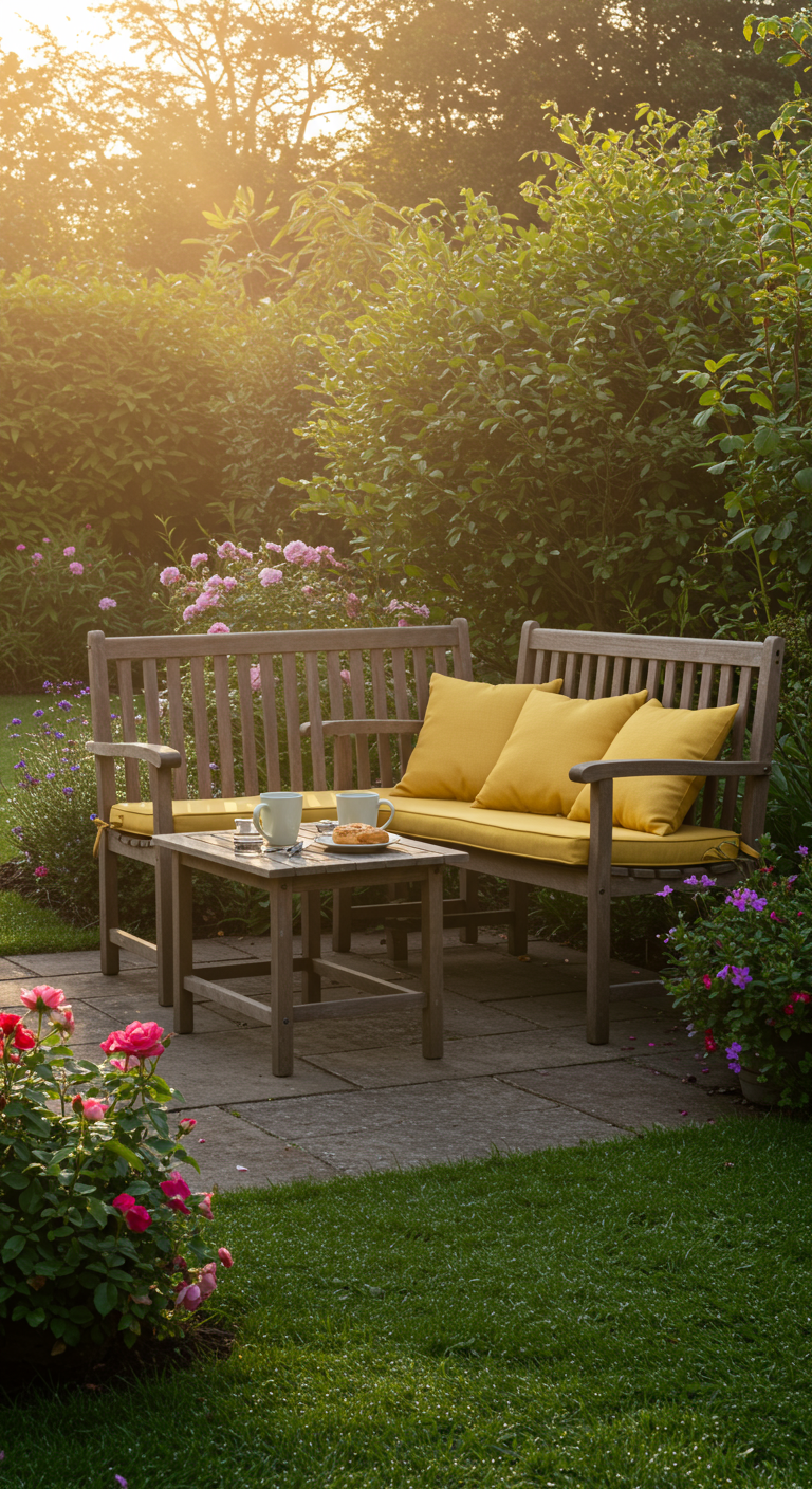 Holzbank mit gelben Kissen und Tisch auf sonniger Terrasse, umgeben von blühenden Rosen.