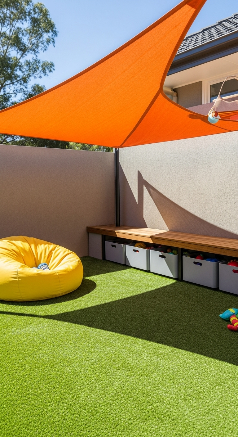 Kinderspielbereich mit Kunstrasen, orangem Sonnensegel, gelbem Sitzsack und Spielzeugkisten.