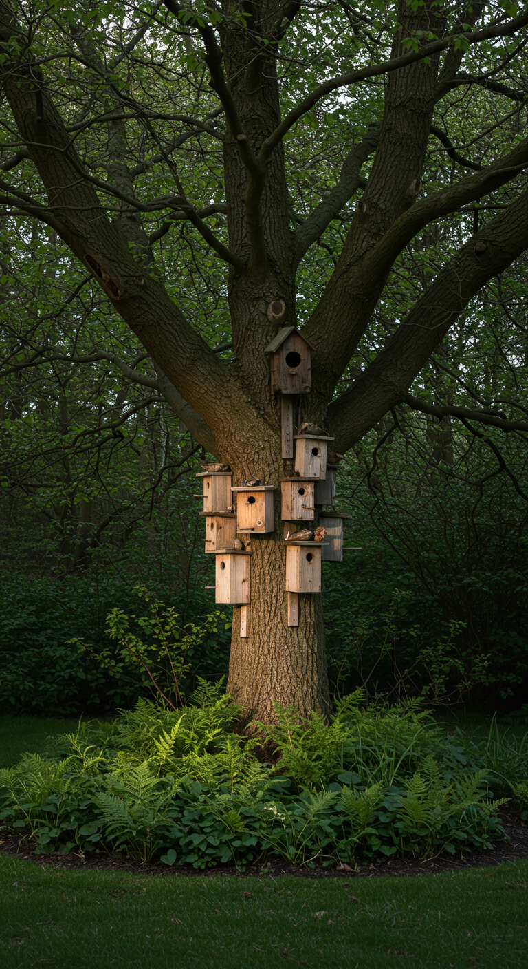 Viele Vogelhäuschen in verschiedenen Größen und Formen an einem Baumstamm.