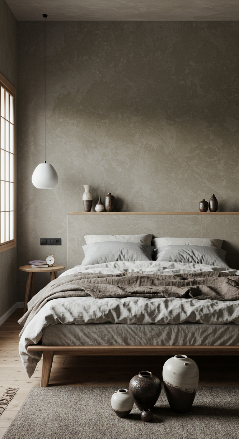 Japandi Schlafzimmer mit texturierten Wänden und neutralen Tönen.