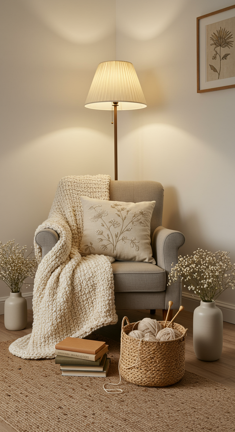 Gemütlicher Lesesessel mit Decke, Büchern, Wollkorb und zwei Vasen mit Schleierkraut.