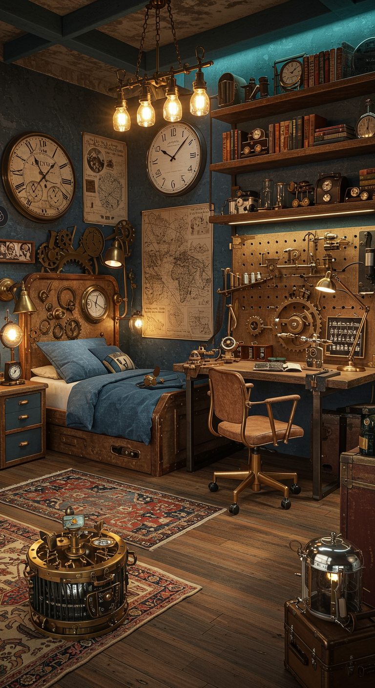 Fantasievolles Steampunk-Kinderzimmer mit Zahnrädern und Kupferdetails.
