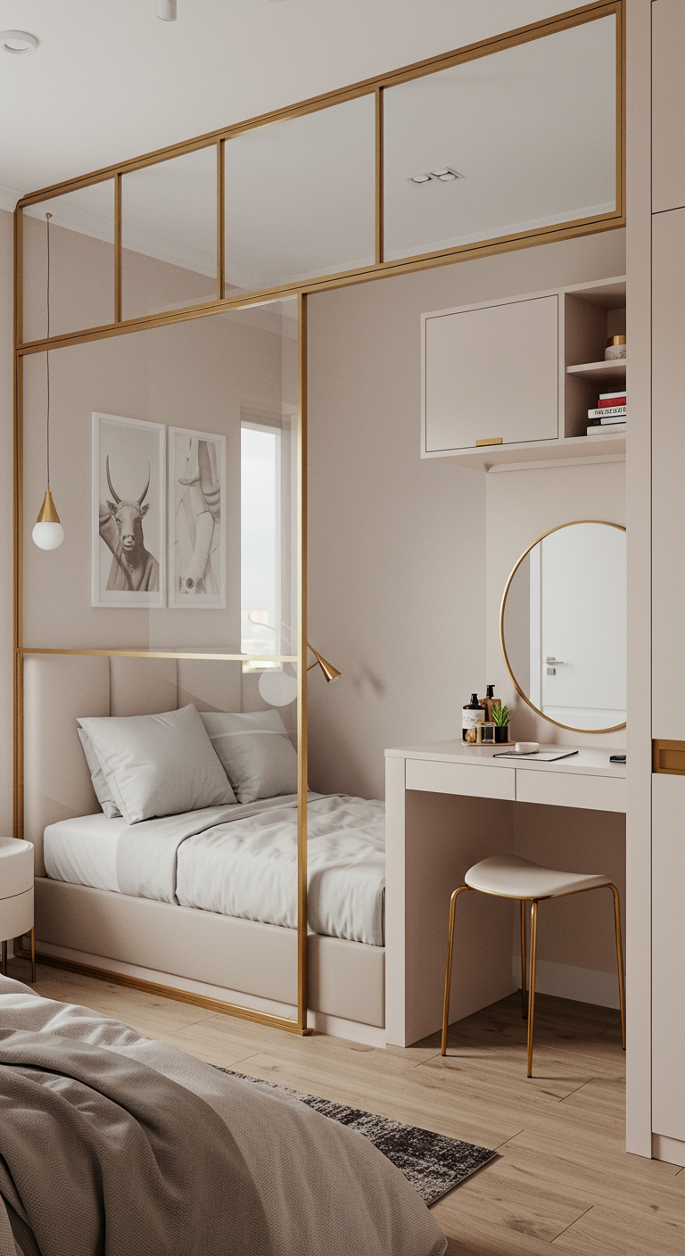 Schlafzimmer mit Glas-Gold-Abtrennung und Schminktisch in Rosétönen.