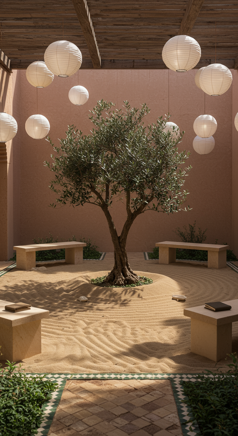 Marokkanischer Sandgarten mit Olivenbaum und weißen Papierlampions.