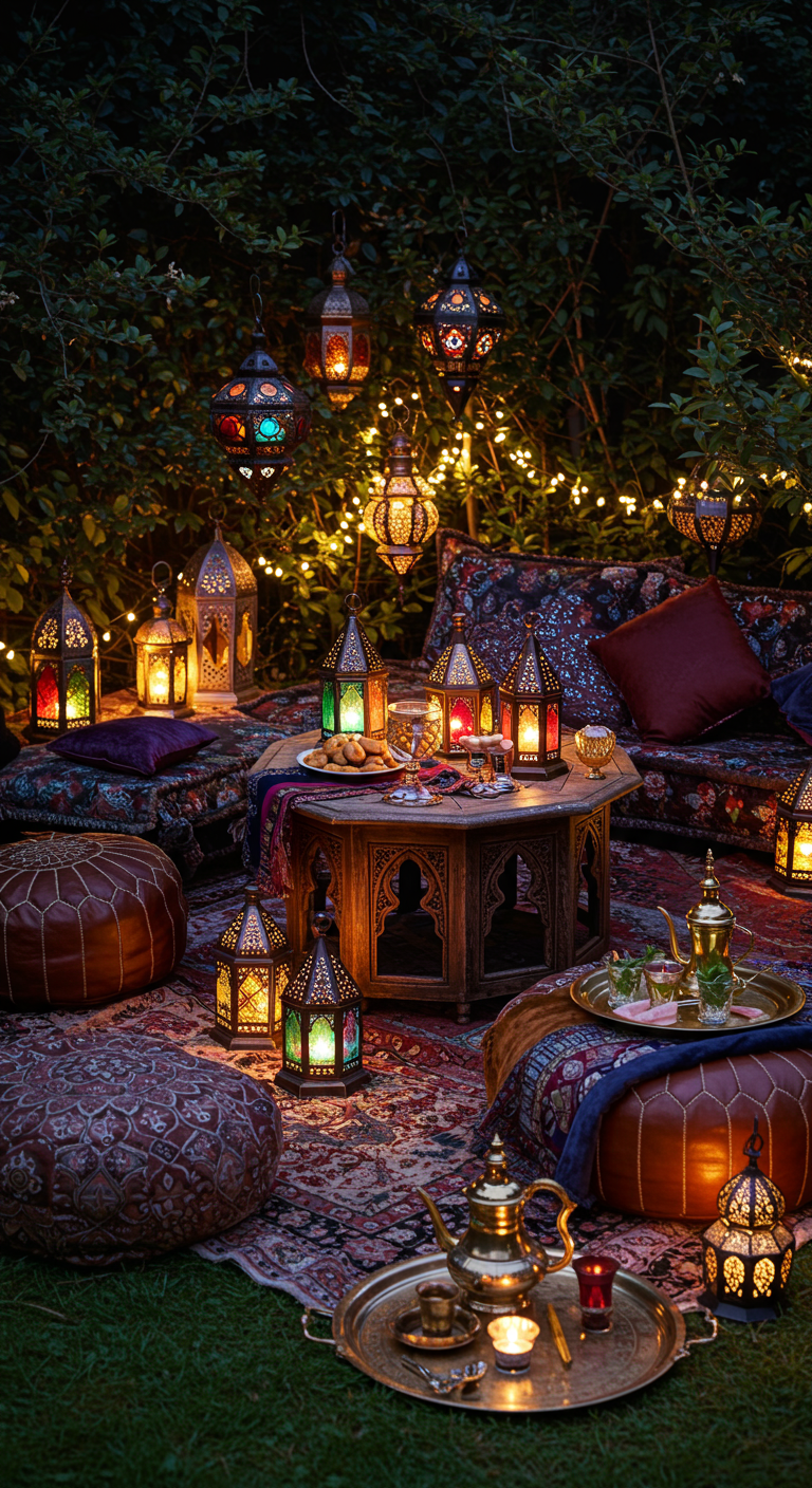 Orientalisch dekorierter Gartenbereich mit vielen bunten Laternen und Sitzkissen.