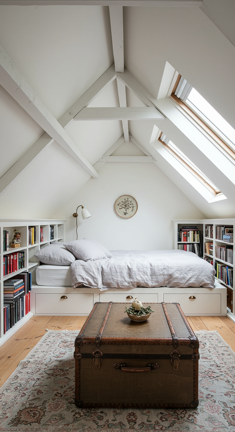 Gemütliches Dachgeschoss-Schlafzimmer im Light Academia Stil mit Bett unter Schrägen.