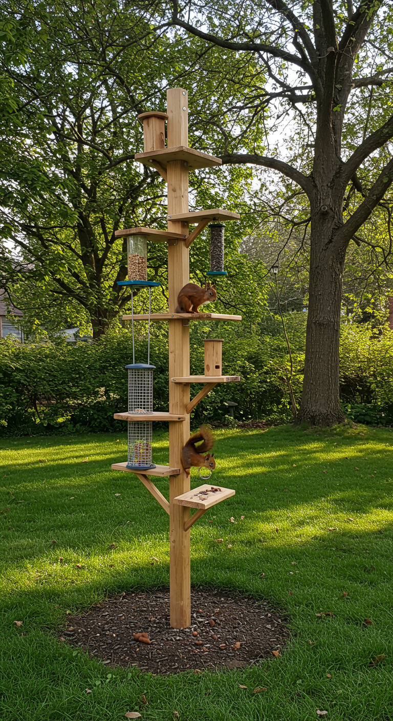 Hoher Holzstamm mit mehreren Futterplattformen und Eichhörnchen im Garten.