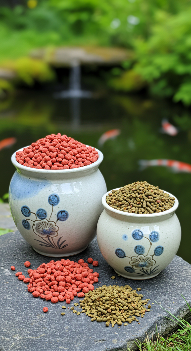 Zwei Keramiktöpfe mit verschiedenem Koi-Futter stehen auf einem Stein am Teich.