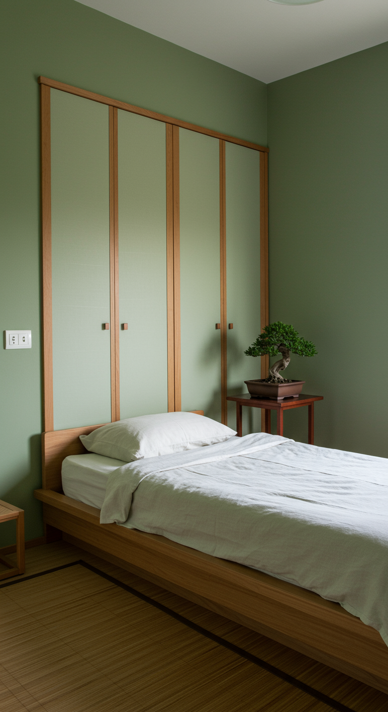 Japanisch inspiriertes Schlafzimmer mit sanftgrünen Wänden und Bonsai.