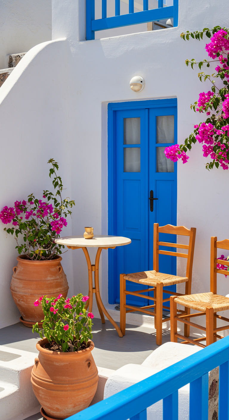 Kleiner griechischer Balkon mit weißen Wänden, blauer Tür und Bougainvillea in Terrakotta-Töpfen.