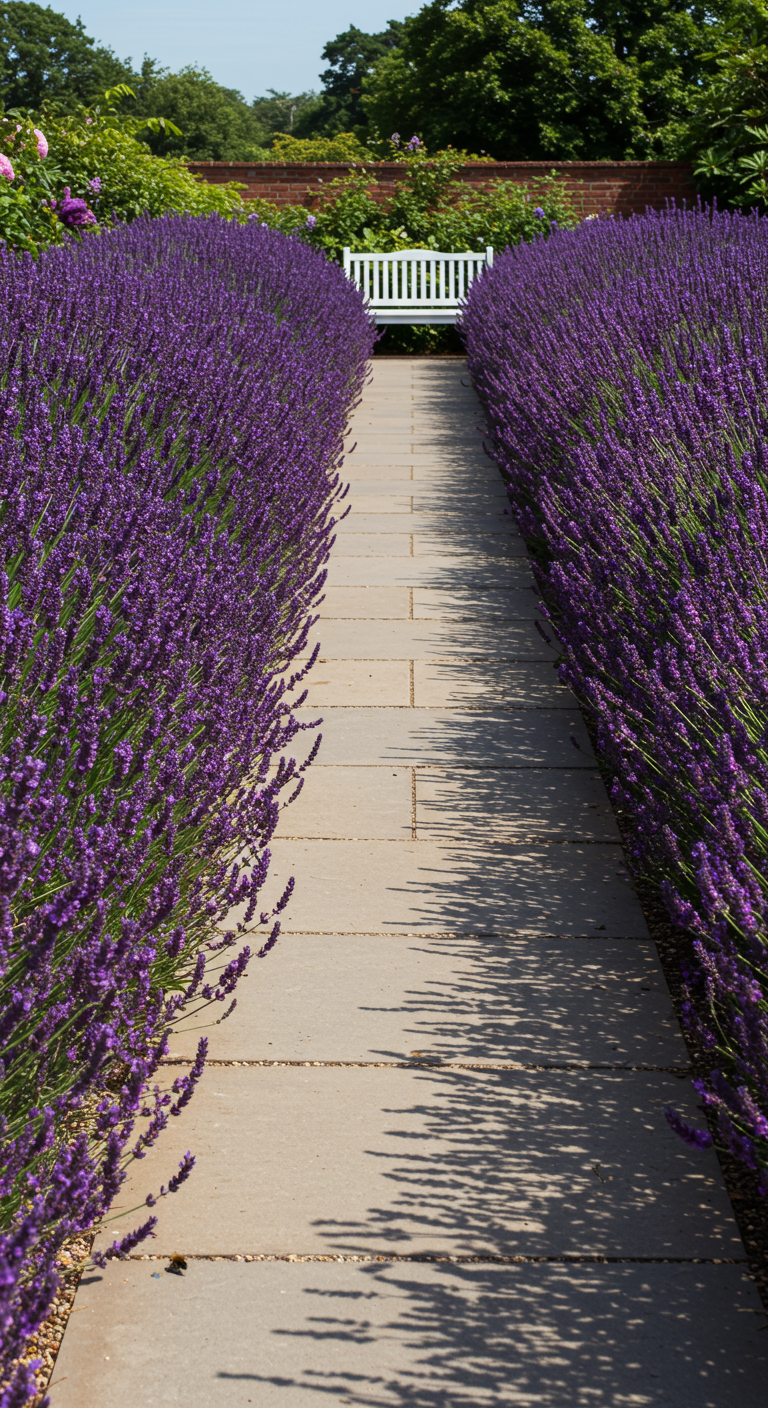 Breiter Gartenweg gesäumt von blühendem Lavendel, führt zu einer weißen Holzbank.
